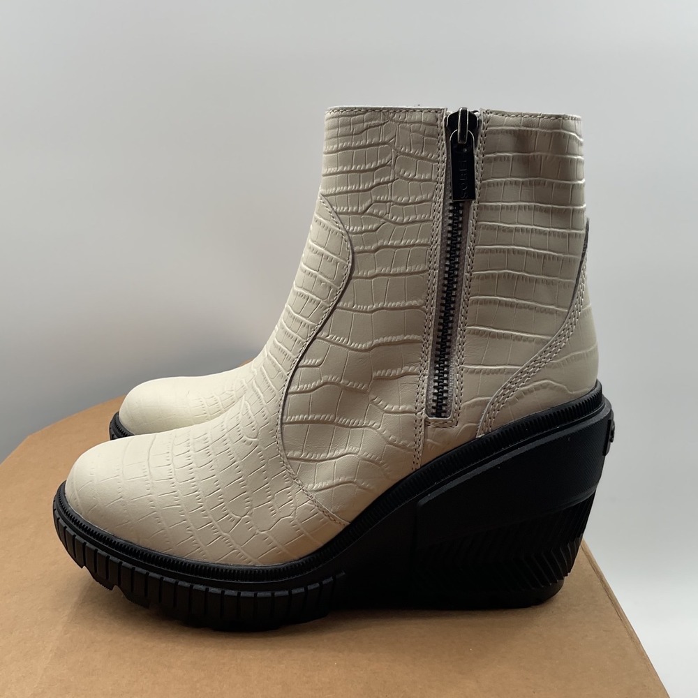 Sorel Brex Boot Lace-Free Waterproof Wedge Zip Croc Leather Chalk NL5148-191 8